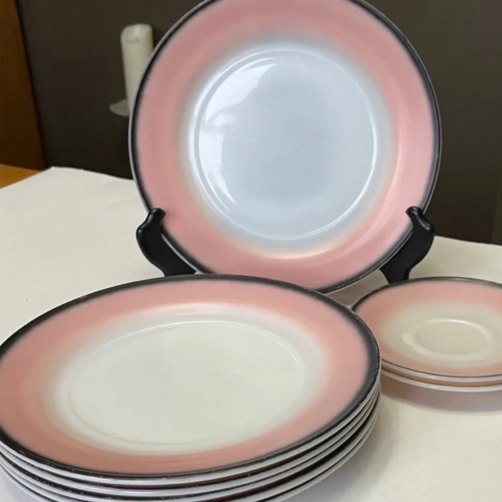 Vintage Hazel-Atlas Ovide Pink & Black Plates 1950s Retro Dinnerware – Set of 6